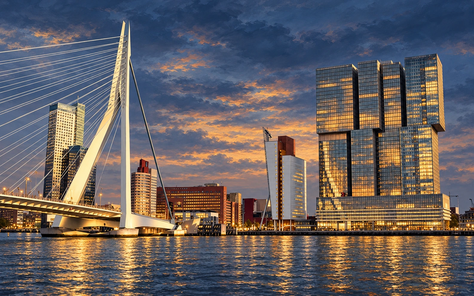 Eigen artistieke Rotterdam-visual met Erasmusbrug links en De Rotterdam rechts